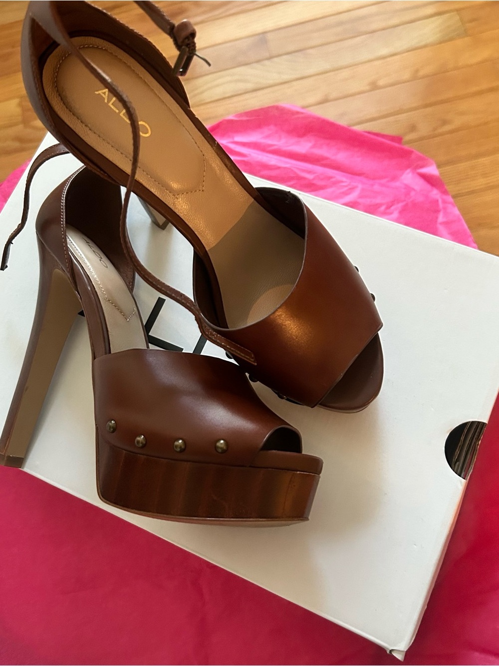ALDO Brown Leather Open-Toe Platform Sandals with Ankle Strap - Picture 2 of 4